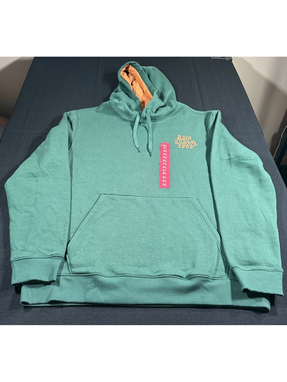Quiksilver Green Hoodie with Orange Lining and Retro Print XL